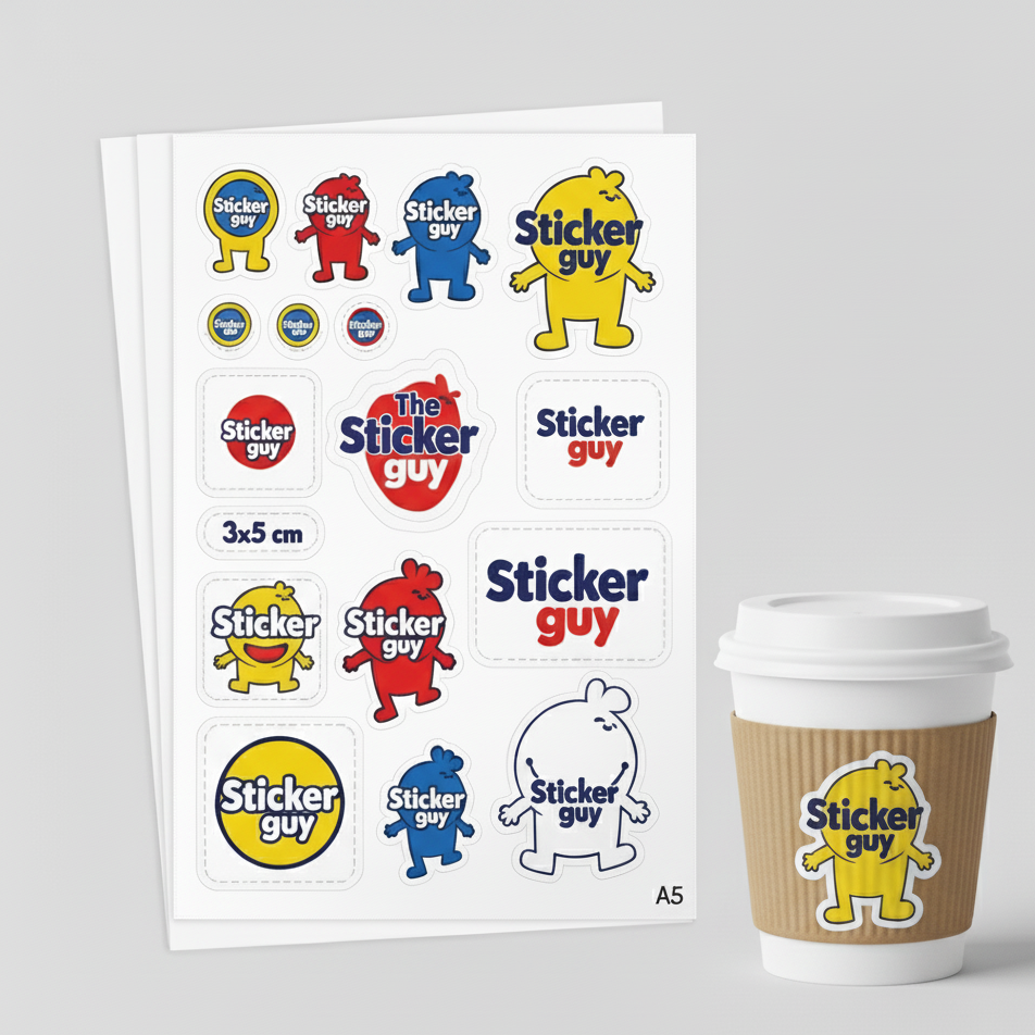 Sheet of 'Sticker Guy' stickers with a coffee cup featuring one of the stickers.