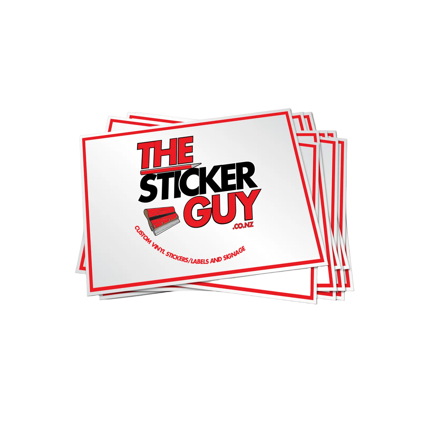 Stack of 'The Sticker Guy' branded stickers on a gray background