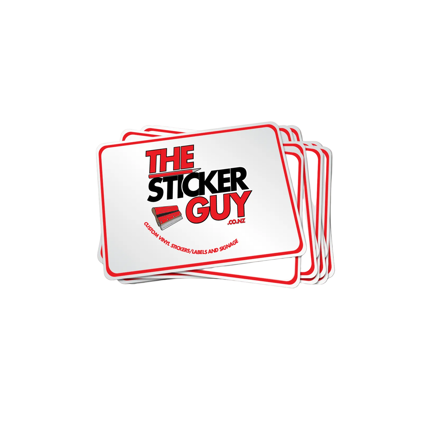 Stack of 'The Sticker Guy' branded stickers on a gray background