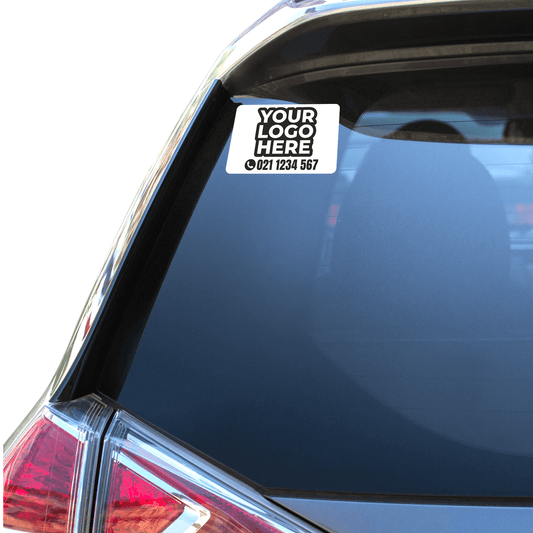 Car window with a customizable logo sticker labeled 'Your Logo Here' on a clear background
