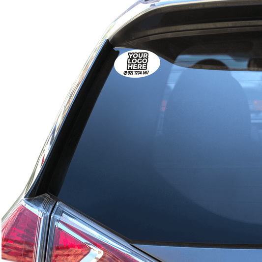 Car window with a customizable logo sticker labeled 'Your Logo Here' on a white background