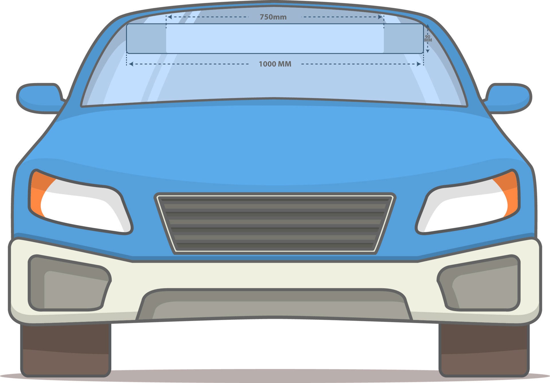 Front view of a blue car with measurement details on a white background