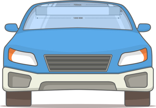 Front view of a blue car with measurement details on a white background