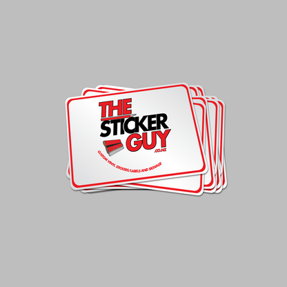 Stack of 'The Sticker Guy' branded stickers on a gray background