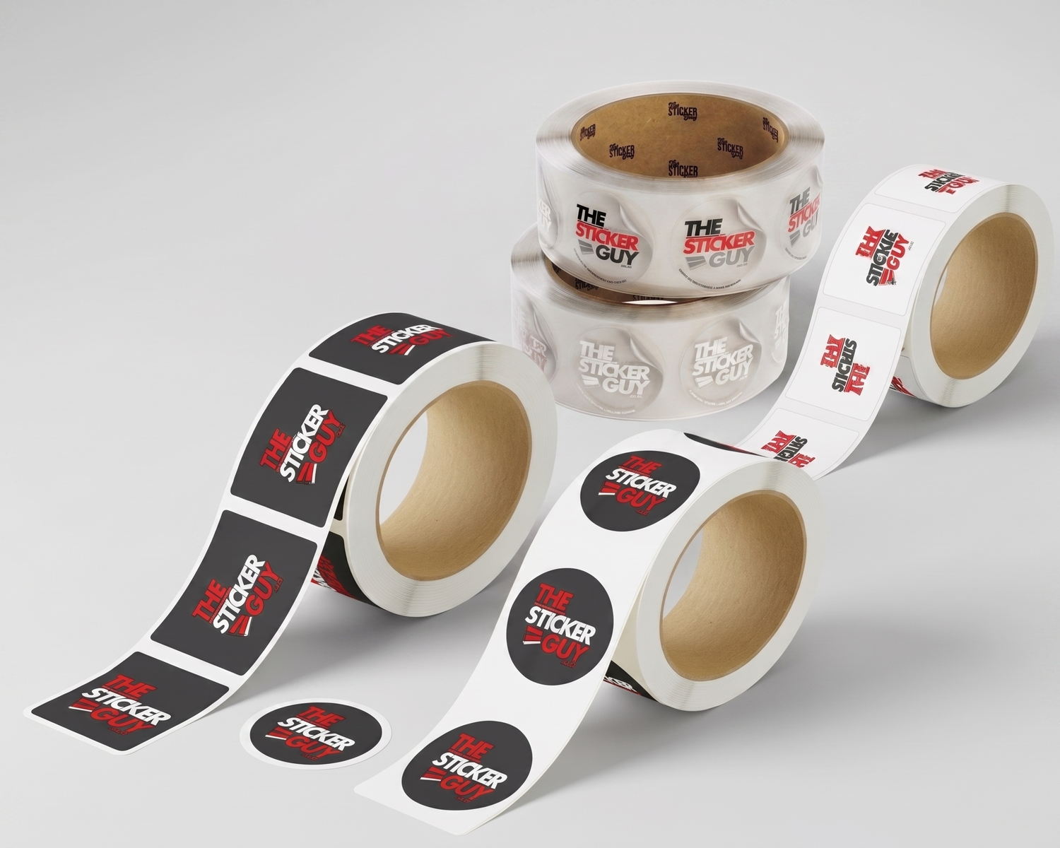 Rolls of stickers with a brand logo on a white background