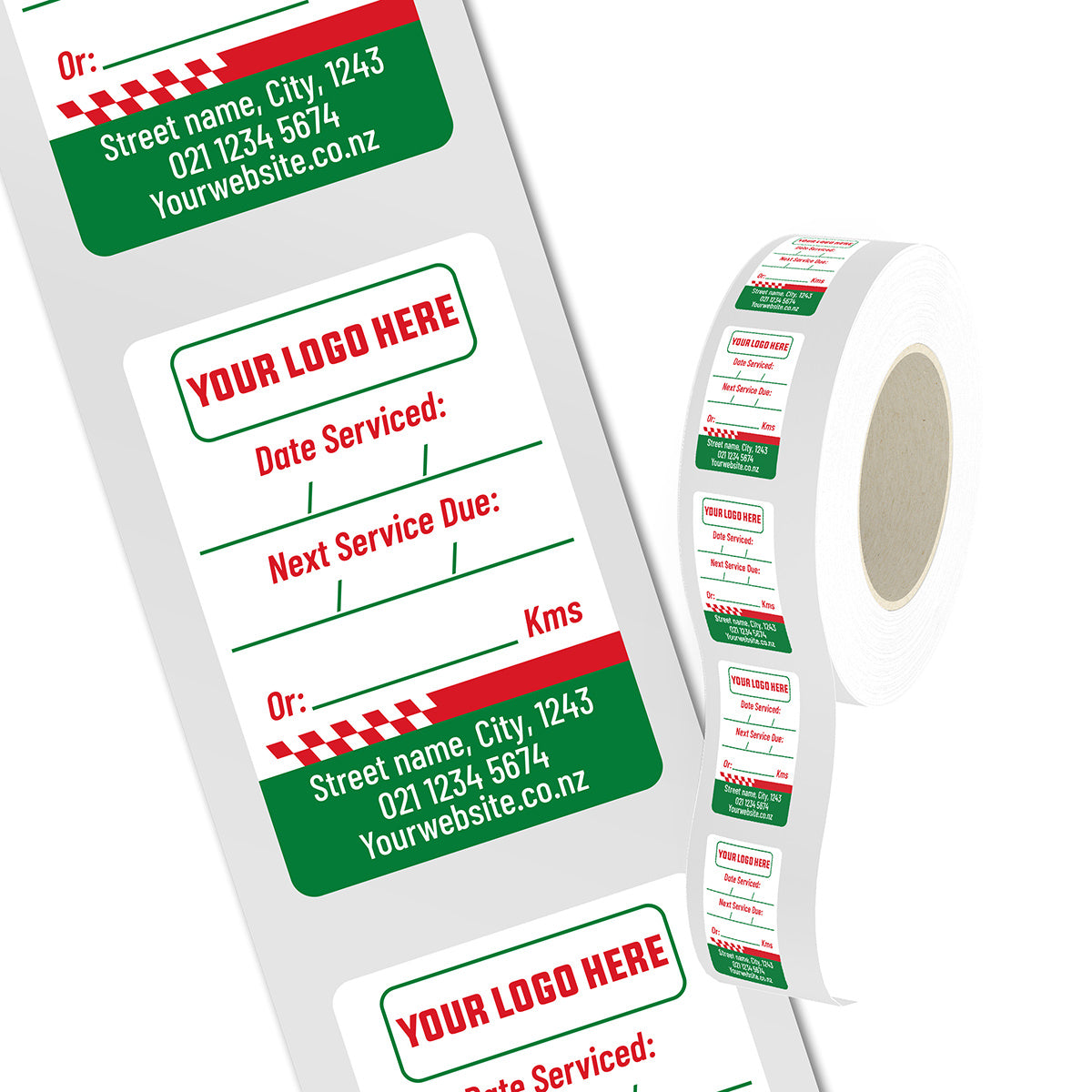 Roll and sheet of vehicle service labels with customizable text on a white background